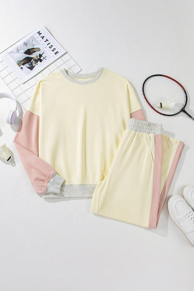 Women's Apricot Color Block 2-Piece Loose Fit Pullover & Pants Set for Casual Comfort & Chic Everyday Style