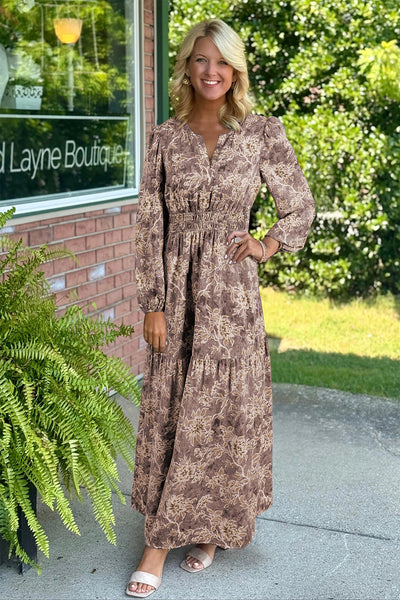 Women's Vintage Floral Smocked Maxi Dress in Cocoa and Cream with practical styling and dependable silhouette control.