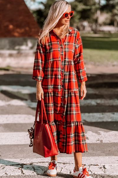 Stylish Women's Red Plaid Long Sleeve Ruffle Tiered Dress - Comfortable Casual Fashion for Everyday Wear