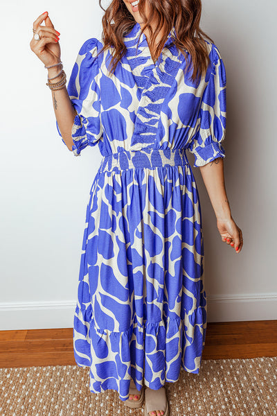 Women's Blue Abstract Smocked Maxi Dress with Puff Sleeves