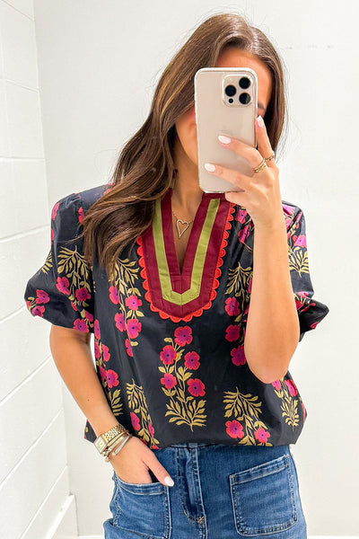 Trendy Floral Print Black Blouse for Women - Short Bubble Sleeves, Slit Neckline, Chic and Stylish Casual Top