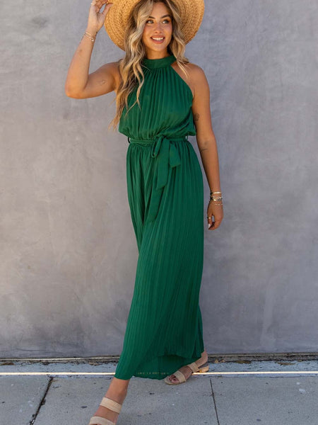 Solid Chic Sleeveless Slanted Shoulder Tie Waist Wide Leg Jumpsuit
