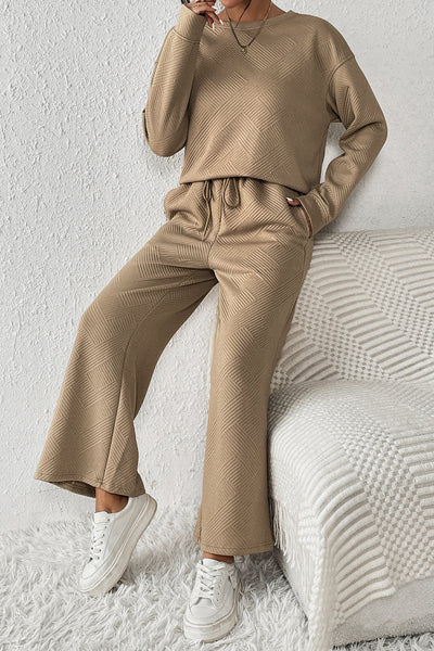 Pale Khaki Women's 2-Piece Slouchy Outfit - Ultra Loose Textured Set for Effortless Casual Chic