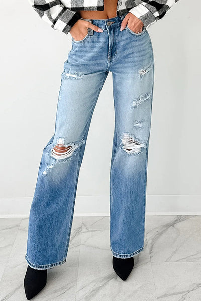 Chic Women's Classic Blue Mid Rise Distressed Straight Leg Jeans for Everyday Comfort and Style