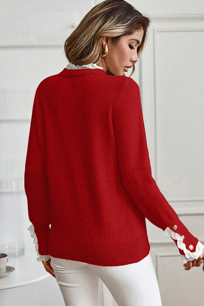 Cozy Women's Racing Red Loose Sweater with Lace Trim & Buttoned Cuffs - Chic Patchwork Knit for Effortless Style