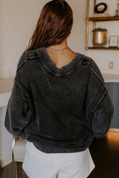 Cozy Women's Black V-Neck Knit Sweater with Exposed Seams & Drop Shoulders - Relaxed Fit for Effortless Style