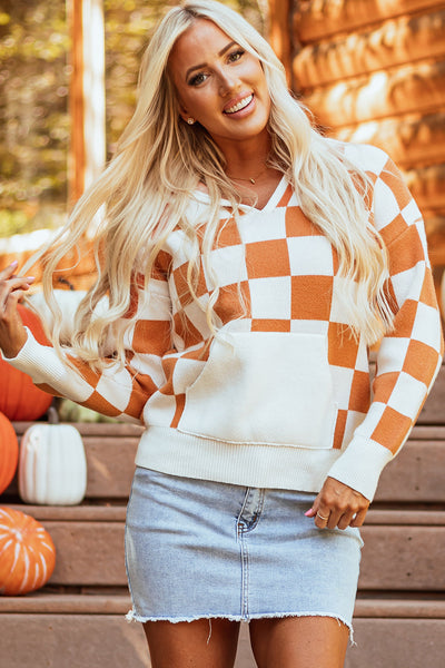 Cozy Women's Gold Flame Checkered Hooded Sweater with Split Neck & Kangaroo Pocket - Perfect for Fall Fashion