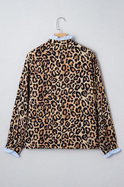 Women's Leopard Print Ruffle Blouse with Striped Contrast