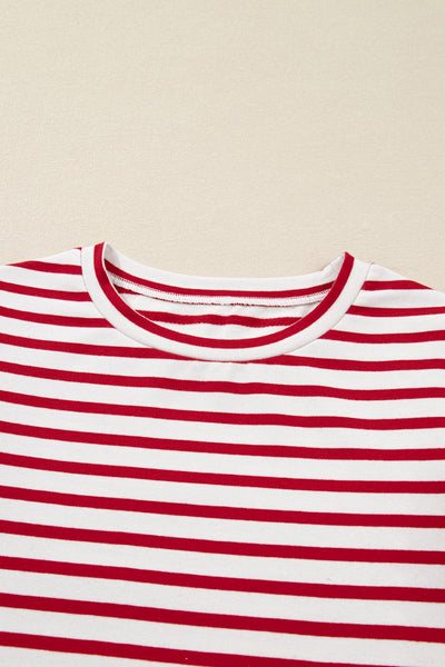Women's Red Striped Ruffle Sleeve Cotton Blend Blouse