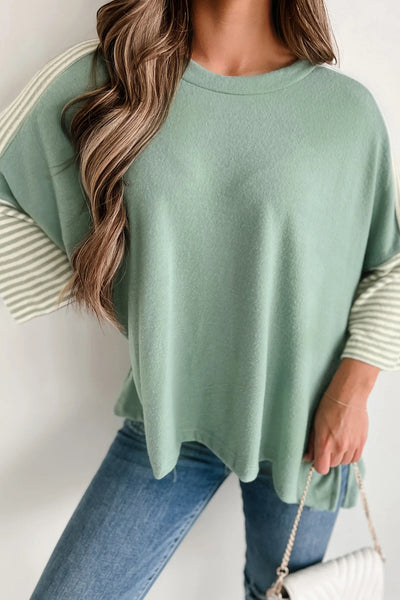 Women's Casual Aqua Striped Oversized Tee with Bracelet Sleeves & Stylish Patchwork Design for Effortless Everyday Wear