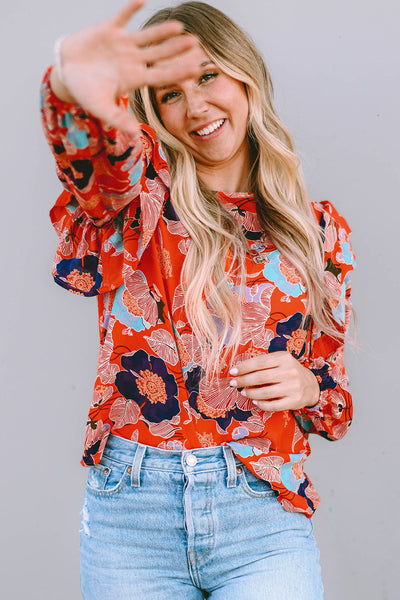 Women's Fiery Red Floral Ruffle Puff Sleeve Blouse - Chic Summer Top with Feminine Fit and Eye-Catching Design