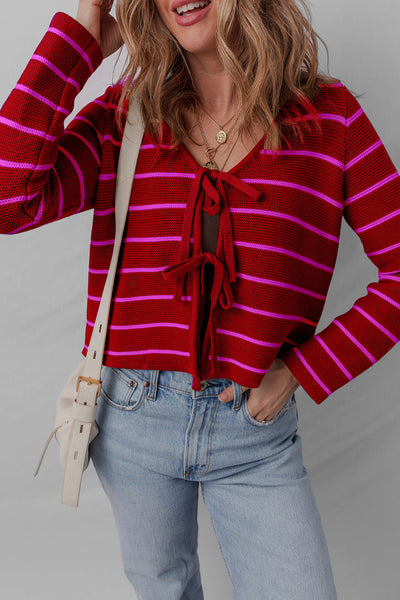 Stylish Women's Red Striped V-Neck Knit Cardigan Sweater with Tie Front for Effortless Comfort and Trendy Looks