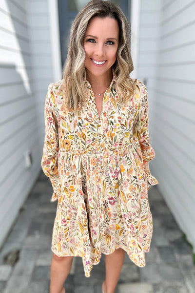 Women's Spring Floral Print Yellow Dress with Long Sleeves, Smocked Cuffs, and Frilly Trim Casual Loose Fit