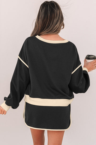 Stylish Women's Black Contrast Pullover & Lace-Up Waist Skort Set for Effortless Casual Elegance and Comfortable Fit
