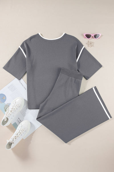 Women's Medium Grey Knit Pant Set with Contrast Trim