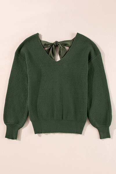 Women's Cozy Jungle Green V-Neck Sweater with Lantern Sleeves and Knot Back Detail - Perfect for Any Occasion