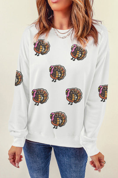 Women's Embellished Sequin Turkey Sweatshirt in White Cotton-Poly