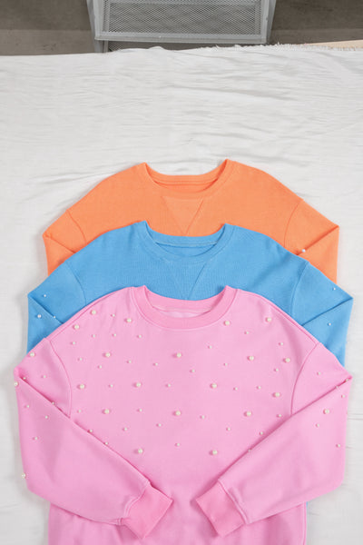 Cozy Women's Myosotis Drop Shoulder Pullover Sweatshirt with Pearled Sleeves - Chic Round Neck Top for Effortless Style