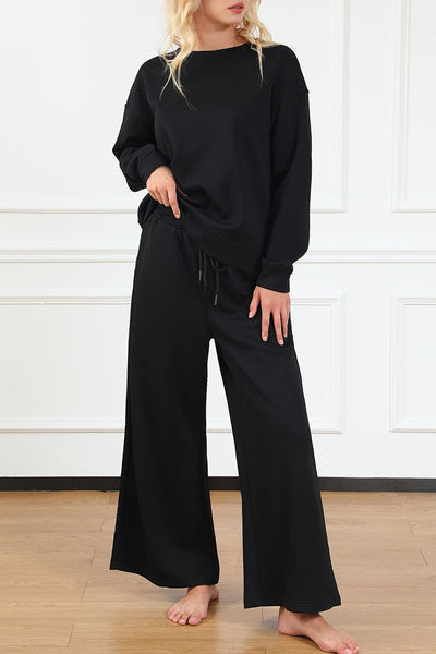 Women's Black Ultra Loose Textured 2-Piece Lounge Set - Cozy Slouchy Casual Outfit for Effortless Everyday Style