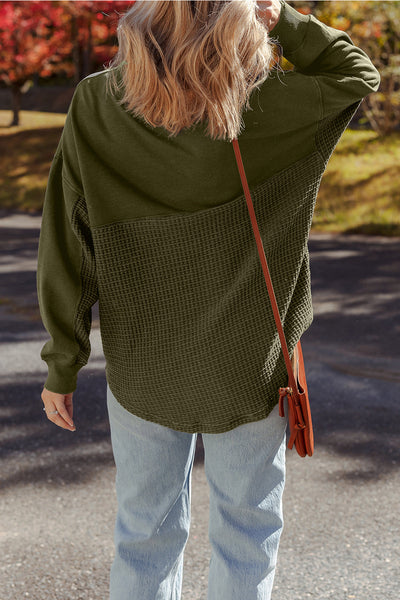 Women's Cozy Moss Green Waffle Knit Half-Zip Sweatshirt - Stylish Patchwork Design for Casual Comfort