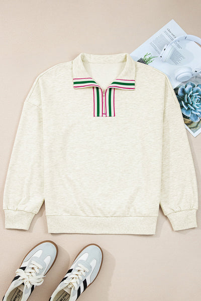 Women's Light Grey Striped Zip Collar Pullover Sweatshirt - Trendy, Comfortable Casual Layering Top for Everyday Wear