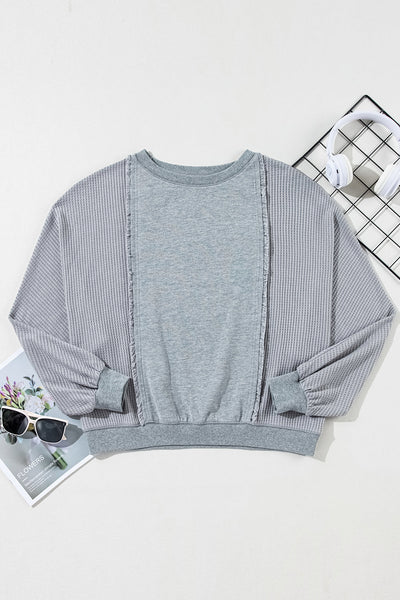 Women's Light Grey Waffle Knit Long Sleeve Pullover Top with Raw Hem and Patchwork Detail for Casual Comfort