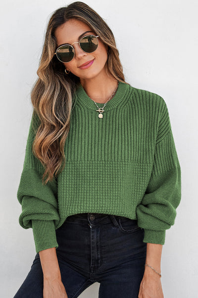 Women's Vineyard Green Mixed-Texture Knit Crewneck Sweater