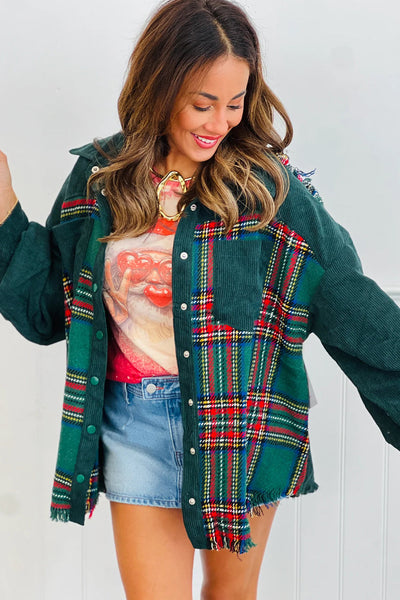 Women's Green Plaid Tweed Corduroy Shacket with Raw Hem - Trendy Overshirt for Casual Fall Looks and Layering made for easy styling and wardrobe