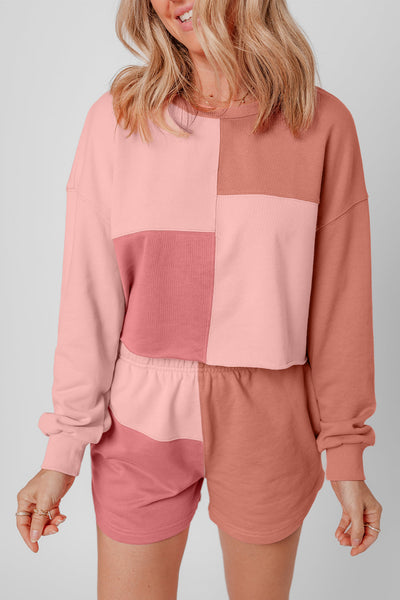 Women's Peach Colorblock Long Sleeve Shorts Set - Trendy Casual Summer Outfit for Comfort and Adventure