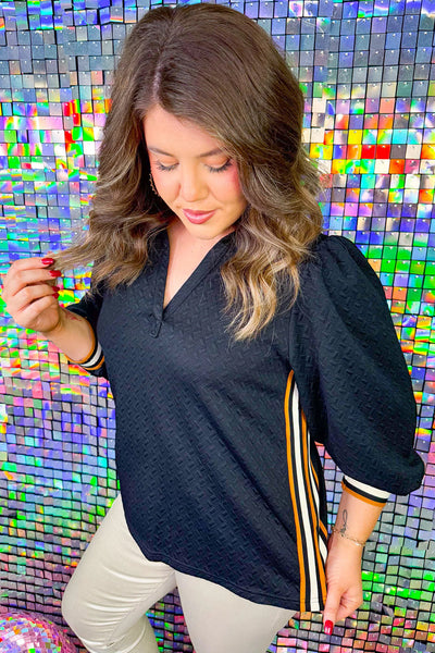 Plus Size Women's Stylish Black Colorblock Striped Blouse with Puff Sleeves and Textured Fabric for Trendy Looks