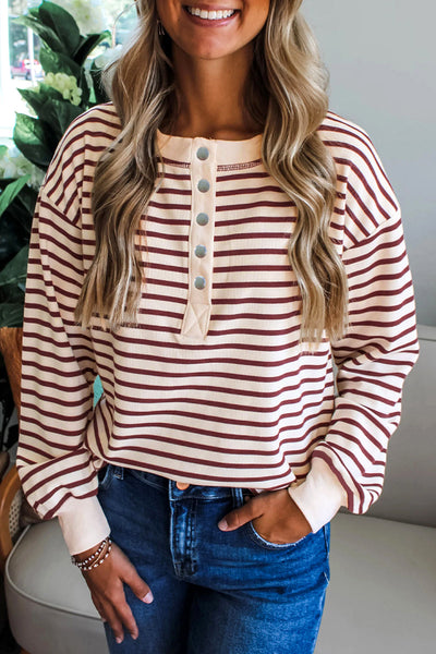 Women's Relaxed Striped Henley Top in Red Dahlia and Cream with practical styling and dependable silhouette control.