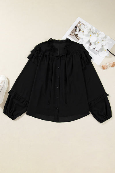 Chic Plus Size Women's Black Chiffon Top with Ruffle Balloon Sleeves Stylish, Comfortable, Perfect for Any Occasion