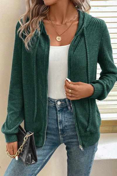 Cozy Women's Evergreen Ribbed Zip-Up Hoodie with Drawstring, Casual Fit for Everyday Style and Comfort