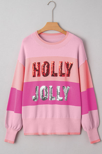 Cozy Women's Pink Sequined Color Block Crew Neck Sweater - Festive HOLLY JOLLY Style for Holiday Fashion