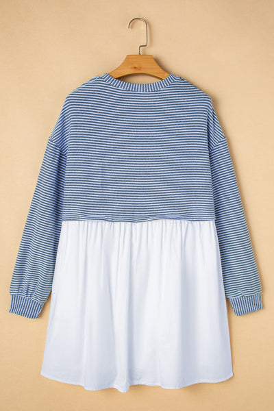 Women's Sky Blue Striped Patchwork Mini Dress with Pockets
