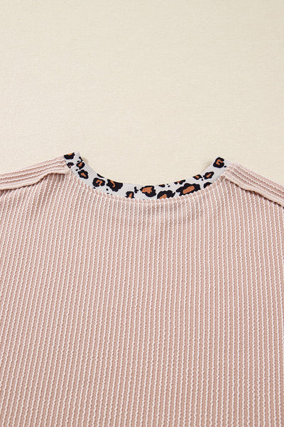 Chic Women‚Äôs Beige Ribbed Leopard Color Block Long Sleeve Top with Drop Shoulder for Trendy Casual Style