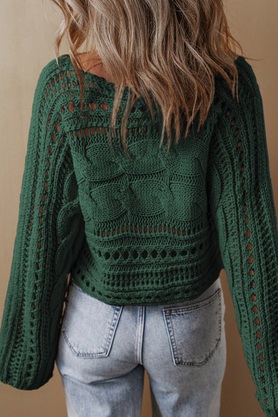 Chic Women's Blackish Green Cropped Cable Knit Sweater with Stylish Hollow-Out Design for Trendy Outfits