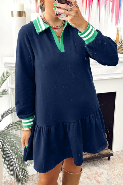 Navy Blue Long Sleeve Polo Mini Dress for Women with Ruffle Hem, Contrast Striped Cuffs & Stylish Patchwork Design
