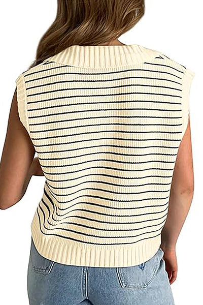 Beige Striped V-Neck Sweater Tank Top for Women Chic Casual Style Perfect for Everyday Comfort