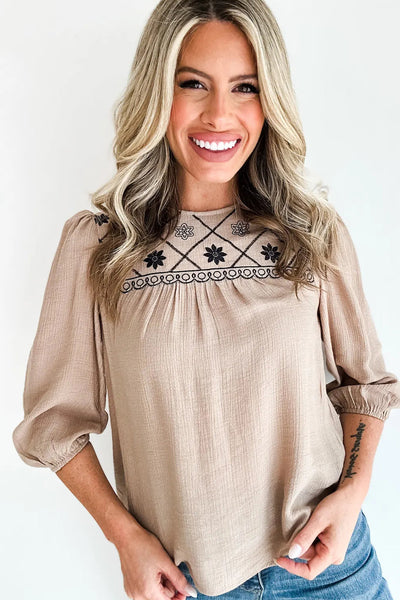 Women's Embroidered Puff Sleeve Blouse in Parchment - Chic Round Neck Top for Effortless Casual Style