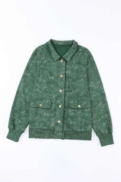 Trendy Women's Green Vintage Washed Shacket with Flap Pockets for Casual Layering and Effortless Style