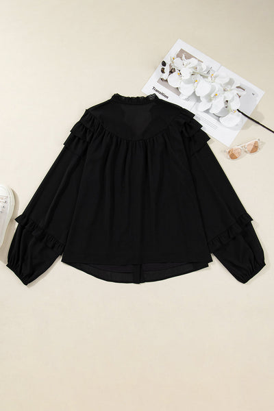Chic Plus Size Women's Black Chiffon Top with Ruffle Balloon Sleeves Stylish, Comfortable, Perfect for Any Occasion