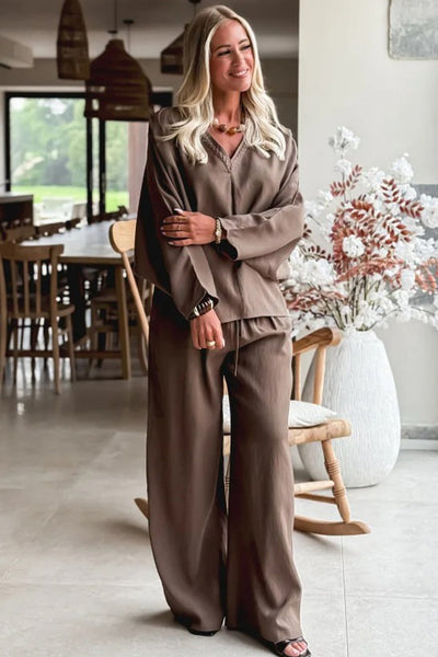 Women's Dark Khaki Oversized V-Neck Top & Drawstring Loose Pants Set with Braided Trim Stylish 2-Piece Outfit