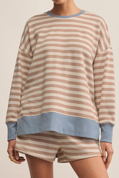 Women's Khaki Stripe Color Block Oversized Pullover & Drawstring Shorts Set - Casual Chic 2-Piece Outfit