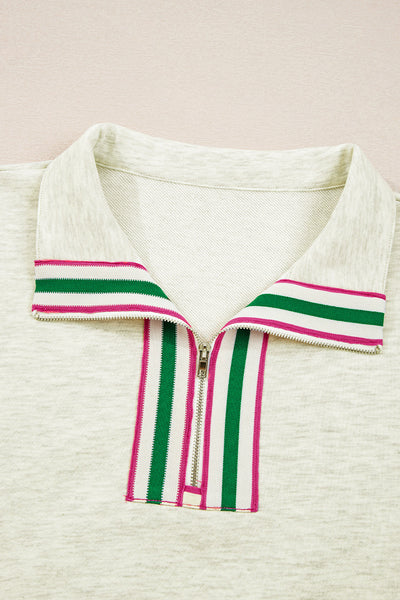 Women's Light Grey Striped Zip Collar Pullover Sweatshirt - Trendy, Comfortable Casual Layering Top for Everyday Wear