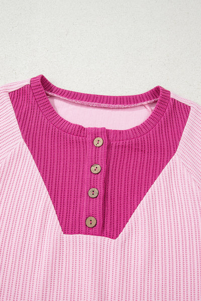Women's Pink Textured Knit Color Block Long Sleeve Top with Button Neck - Stylish & Comfortable Casual Wear