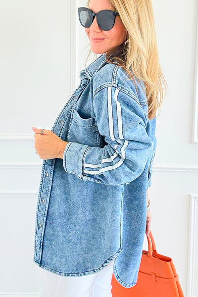 Stylish Women's Casual Blue Denim Jacket with Varsity Striped Sleeves and Button-Down Collar for Trendy Everyday Wear