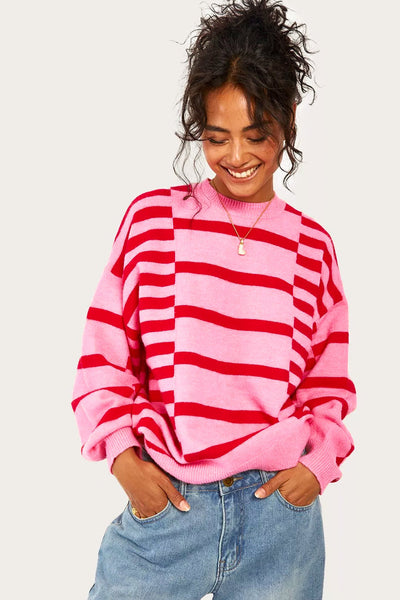 Chic Women's Pink Striped Bubble Sleeve Sweater with Drop Shoulders & Ribbed Trim for Cozy Style