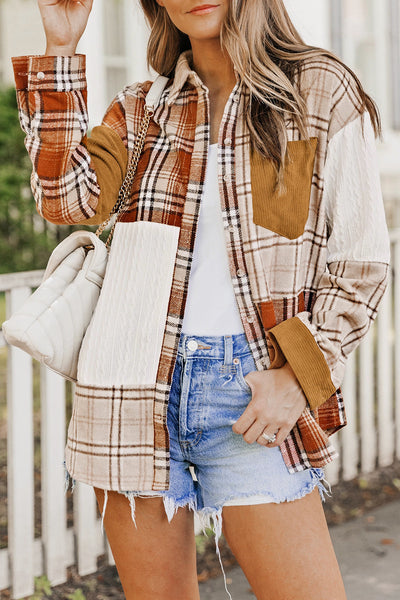Women's Casual Orange Plaid Color Block Shirt Jacket with Pocket - Versatile Layering Piece for All Seasons