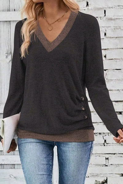 Women's Chicory Coffee V-Neck Color Block Top with Button Detail